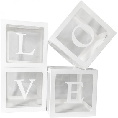 Set 4 cutii pentru baloane, flippy, model scris love, tematica iubire, cuburi decorative din plastic, accesorii pentru petrecere, 30 x30 cm, transpare foto