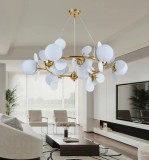 Candelabru modern, 9 globuri albe din sticla, dulie 9xE27 + 27 petale albe, diametru 89CM, inaltime 100cm, culoare corp auriu