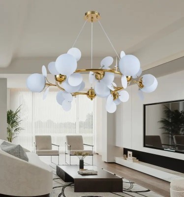 Candelabru modern, 9 globuri albe din sticla, dulie 9xE27 + 27 petale albe, diametru 89CM, inaltime 100cm, culoare corp auriu foto