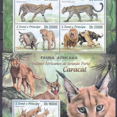 DB1 Fauna Africana Sao Tome Feline Lei Pantere Caracal Leopard MS + SS MNH