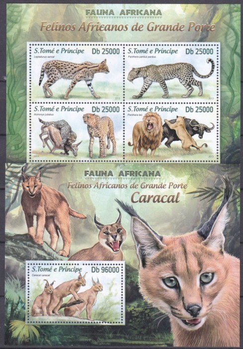 DB1 Fauna Africana Sao Tome Feline Lei Pantere Caracal Leopard MS + SS MNH