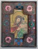 Maica Domnului cu Pruncul Iisus - icoana veche pictata manual, caseta inramata cu lucratura metalica 39x30cm