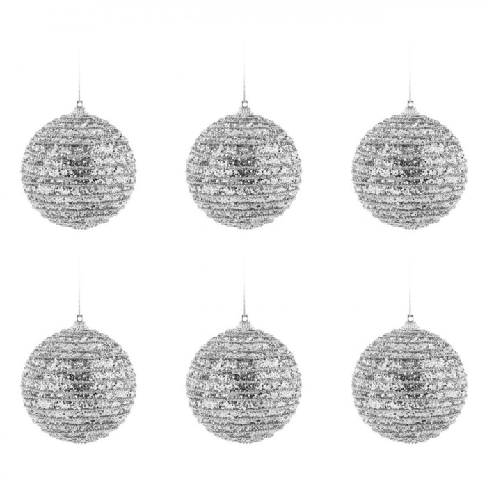 Set Globuri de Crăciun, Model Glitter, Argintii, Diametru 8 cm, 6 Bucăți