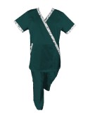 Costum Medical Pe Stil, Turcoaz inchis cu Elastan cu Garnitură Stil Japonez, Model Marinela - S, XS