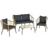 Outsunny Set Mobilier de Grădină din Ratan cu Canapea, 2 Fotolii cu Perne și Măsuță, 131x63x76 cm, Gri &Icirc;nchis | Aosom Romania