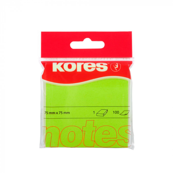 Notite Adezive Kores, 100 File, 75x75 mm, Verde Neon, Bloc Notes, Sticky Notes, Post-it, Post-it-uri, Bloc de Hartie, Notite pentru Birou, Notite Adez