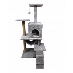 St&acirc;lp de zg&acirc;riere pentru pisici, cu 6 nivele de 125 cm, cu hamac, scară și casă