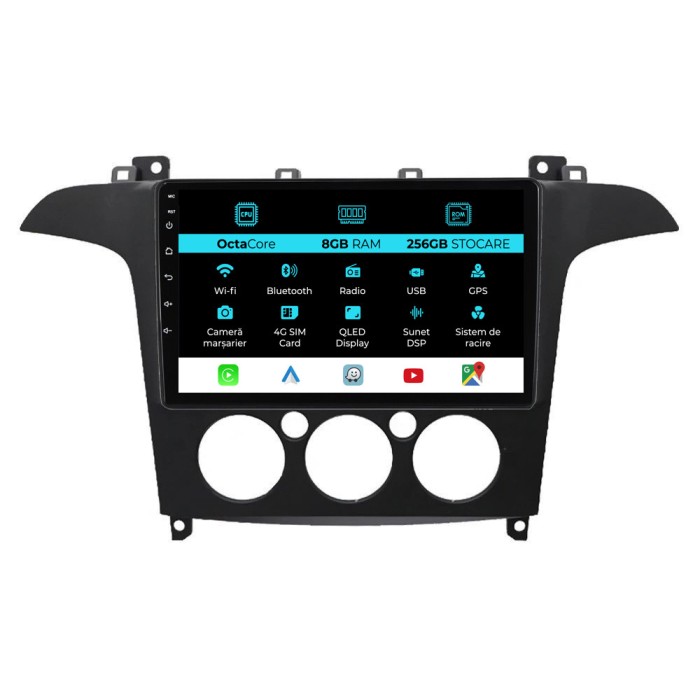 Navigatie Dedicata Ford S-Max (2006 - 2015) 9Inch, 8Gb Ram, 256Gb Stocare, Carplay, Clima manuala