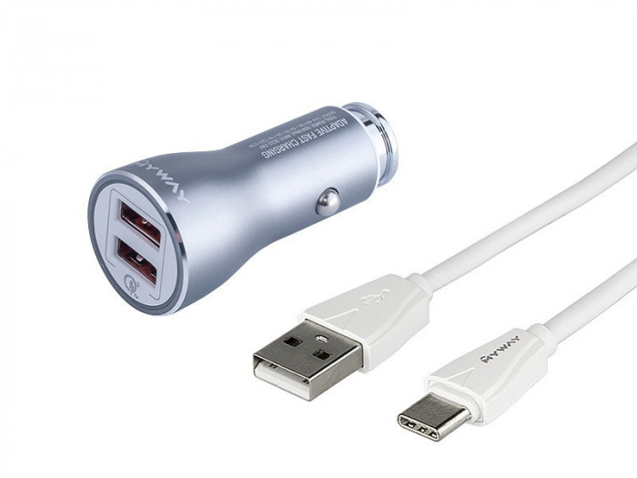 &Icirc;ncărcător 12/24v Qc3.0, 2x Usb Auto-id, Max 4,2a + Usb&amp;gt; Cablu Usb-c Maway 63007