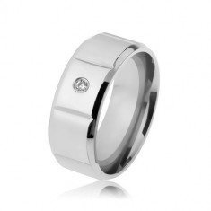 Inel din oţel neted, argintiu, zirconii, crestături verticale, margini teşite - Marime inel: 62