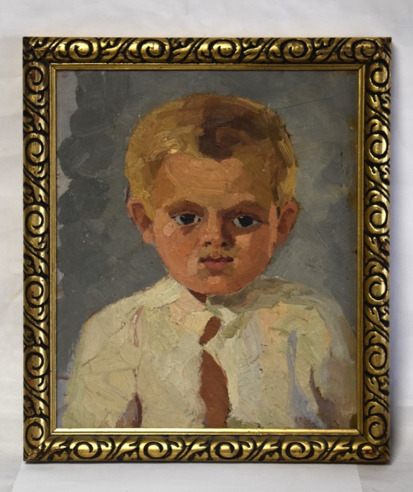 Portret de copil / baiat - nesemnat - ulei/carton