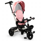 Tricicleta cu maner parental, copertina, 2 cosuri depozitare, centura si claxon, culoare roz, Ecotoys