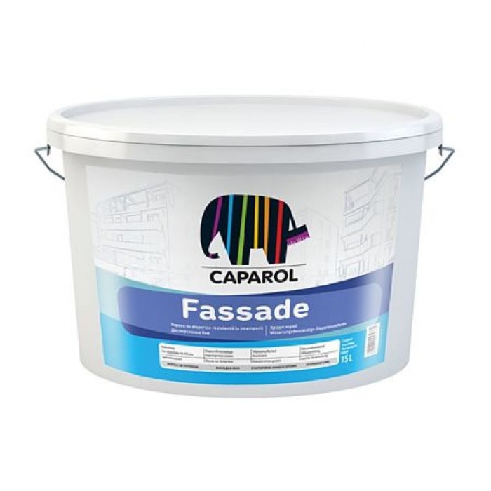Vopsea de dispersie economică Fassade Caparol albă, mată, destinată suprafețelor expuse intemperiilor.
