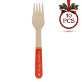 Furculițe Lemn Merry Christmas, Set 10 Bucăți, Lungime 16cm, Roșu Auriu, Oem