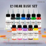 Set 12 Tusuri Tatuaj XTREME 30ml, Culori Primare, Vegan, Reach EU, Cerneala Profi Tatuaje, Negru, Rosu, Orange, Roz, Albastru, Verde