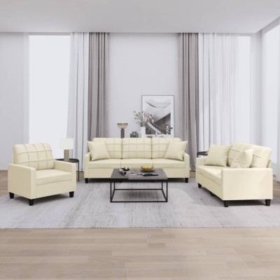 vidaXL Set de canapele cu perne, 3 piese, crem, piele ecologică foto