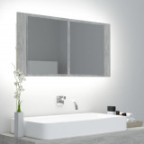 Dulap de baie cu oglindă &amp; LED, gri beton, 90x12x45 cm acril
