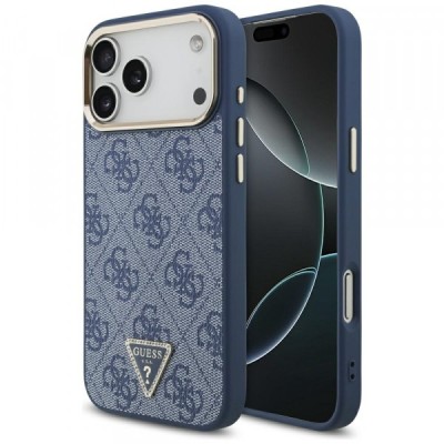 Husa MagSafe pentru Apple iPhone 17 Pro, Guess, 4G Triangle Logo, Albastra Aurie foto