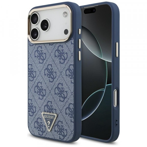 Husa MagSafe pentru Apple iPhone 17 Pro, Guess, 4G Triangle Logo, Albastra Aurie