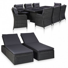 vidaXL Set mobilier de exterior, 11 piese, negru, poliratan