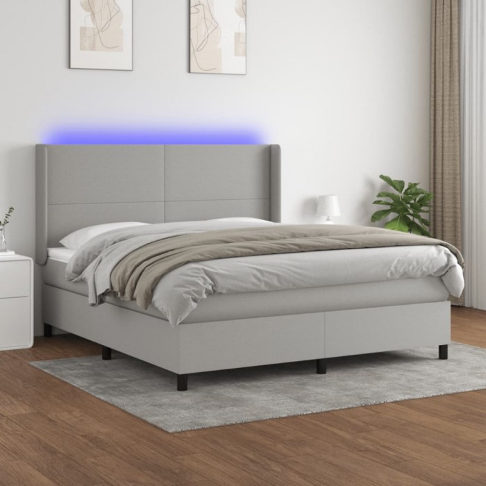 vidaXL Pat cu arcuri, saltea și LED, gri deschis, 160x200 cm, textil 3138165