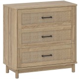 HOMCOM Comodă 3 Sertare din Ratan, Mobilier de Depozitare, Picioare din Lemn Masiv, Stil Boem, 76x35x76cm, Stejar | Aosom Romania