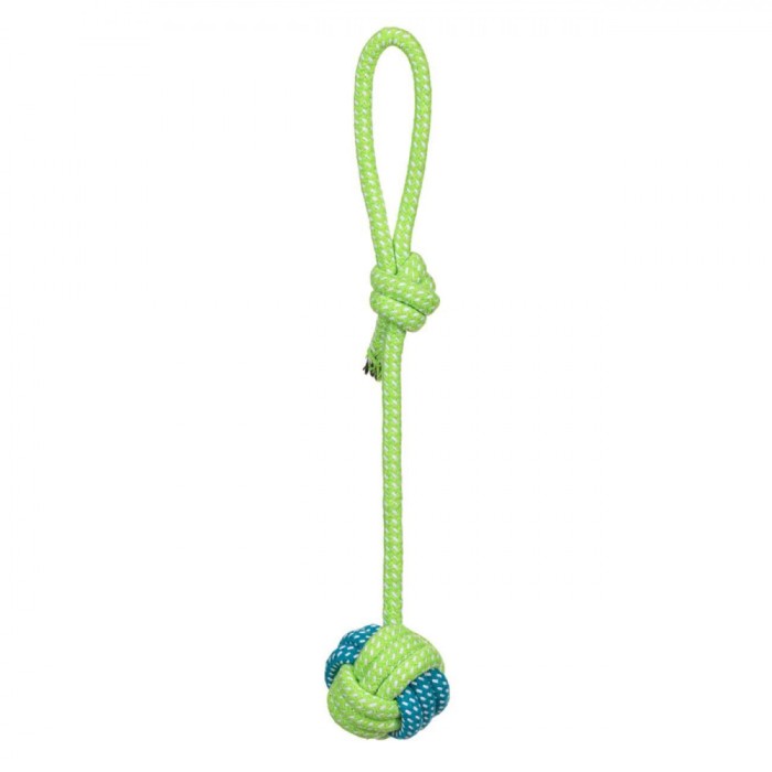 Jucărie C&acirc;ini, Fr&acirc;nghie cu Minge Tricotată, Lungime 40 cm, Culoare Albastru și Verde