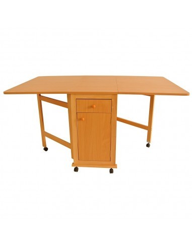 Masa plianta cu spatiu depozitare, usa si sertar, Pal Melaminat, structura lemn masiv, cu role, 8 persoane, 160x96x80 cm, fag