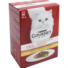 PURINAgourmet Mon Petit, 3 arome (Pui, Rață, Curcan), pachet mixt, plic hrană umedă pisici, (în sos), 50g x 6