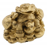 Statueta feng shui din rasina cu broasca testoasa si broasca raioasa pe monede si pepite 87cm, Stonemania Bijou