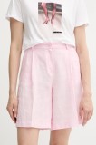 Sisley pantaloni scurți din in culoarea roz, uni, high waist, 4AGHL901K
