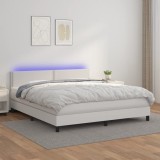 VidaXL Pat cu arcuri, saltea și LED, alb, 180x200 cm, piele ecologică