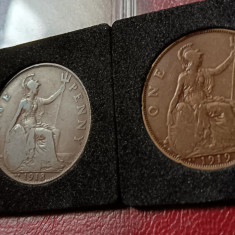 Lot 2 monede UK (Rare): One 1 Penny 1918 KN+1919 KN. VOUCHER 10 LEI (descriere)