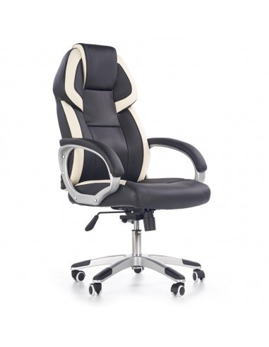 Scaun directorial HM Barton, piele ecologica, mecanism balans, roti cauciucate, 120 kg, alb - negru
