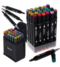 Set 24 markere, 2 capete subtire si gros, cu geanta de depozitare si suport din plastic, multicolore
