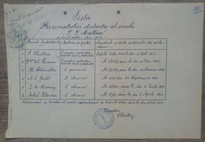 Lista personalului didactic al Scoalei Malbim/ 1912, semnatura director