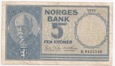 NORVEGIA 5 KRONER COROANE 1955 VF foto