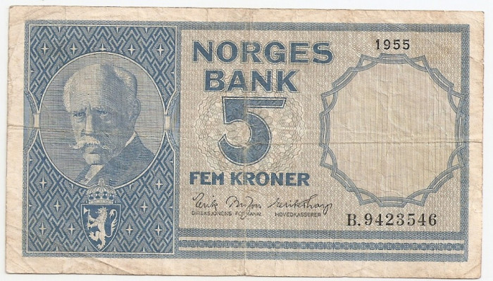 NORVEGIA 5 KRONER COROANE 1955 VF