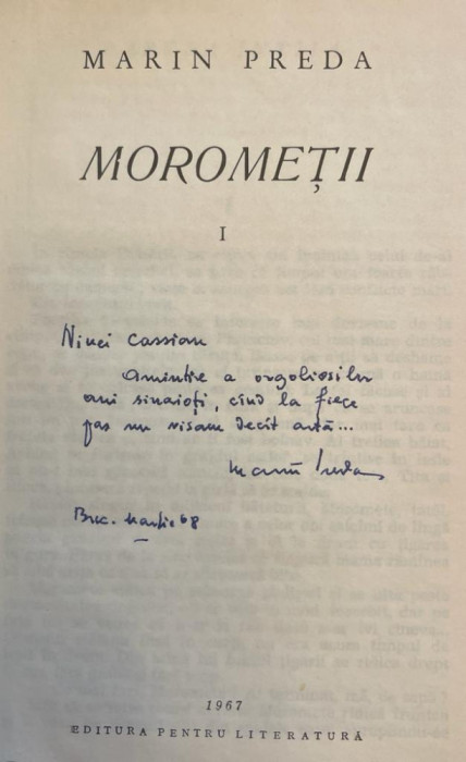 Marin Preda, Moromeții, 1967, două volume cu dedicație pentru Nina Cassian