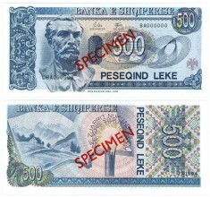 ALBANIA █ bancnota █ 500 Leke █ 1994 █ P-57s █ SPECIMEN █ UNC █ necirculata