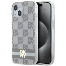 Husa MagSafe pentru Apple iPhone 15 Plus, DKNY, Checkered Mono Pattern &amp; Printed Stripes, Bej