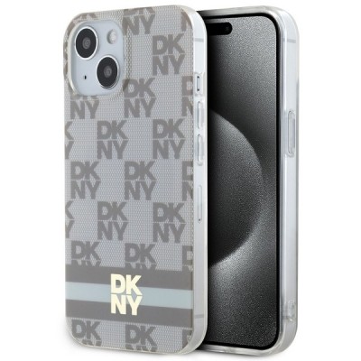 Husa MagSafe pentru Apple iPhone 15 Plus, DKNY, Checkered Mono Pattern &amp;amp; Printed Stripes, Bej foto