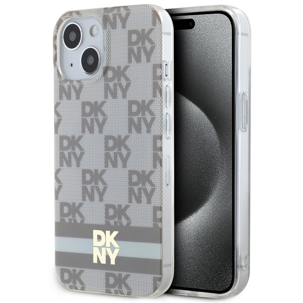 Husa MagSafe pentru Apple iPhone 15 Plus, DKNY, Checkered Mono Pattern &amp; Printed Stripes, Bej
