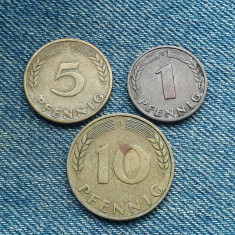 #113 - 1 + 5 + 10 Pfennig 1949 D Germania / lot 3 monede
