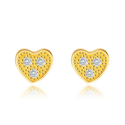 Cercei din aur galben de 9K - inimă cu trei zirconii limpezi foto