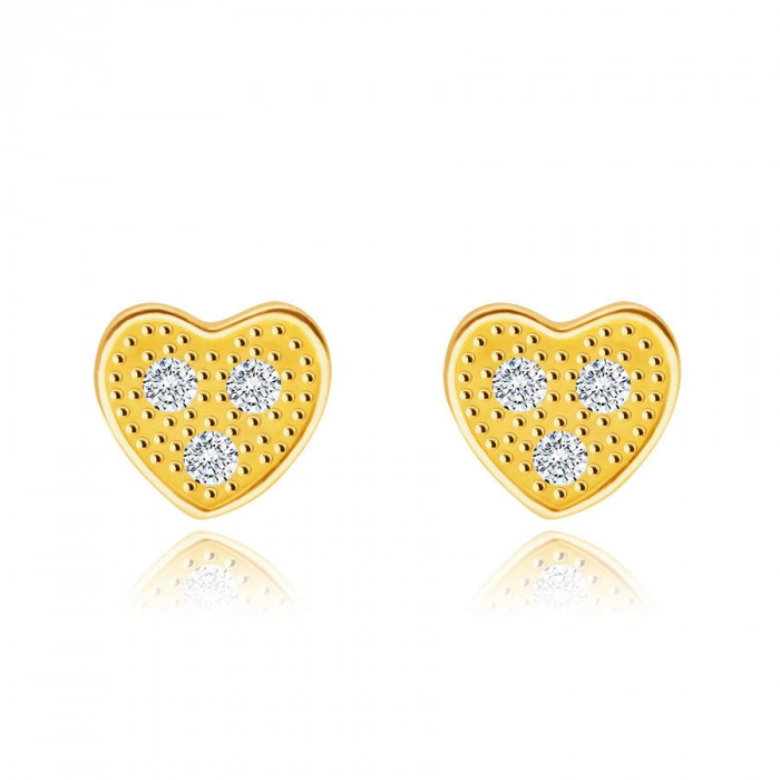 Cercei din aur galben de 9K - inimă cu trei zirconii limpezi
