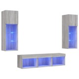 Unitati de perete TV cu LED-uri, 5 piese, gri sonoma, lemn