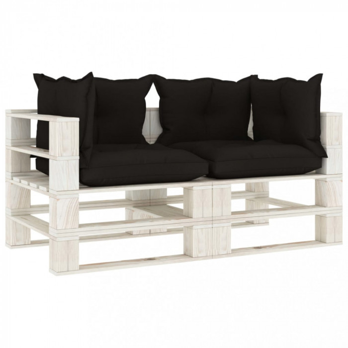 Canapea de gradina din paleti cu 2 locuri, perne negre, lemn GartenMobel Dekor