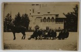 FOTOGRAFIE DE GRUP PE SANII TRASE DE CAL , IN FATA VILEI MINOVICI DE LA SOSEA , FORMAT CARTE POSTALA , PERIOADA INTERBELICA