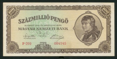 t158 UNGARIA 100 milioane Pengo 1946 sz&amp;aacute;zmilli&amp;oacute; Pengő SUPERINFLATIE XF / aUNC foto
